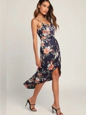 Lulu's Navy Floral Wrap Midi Dress with Peach Blooms
